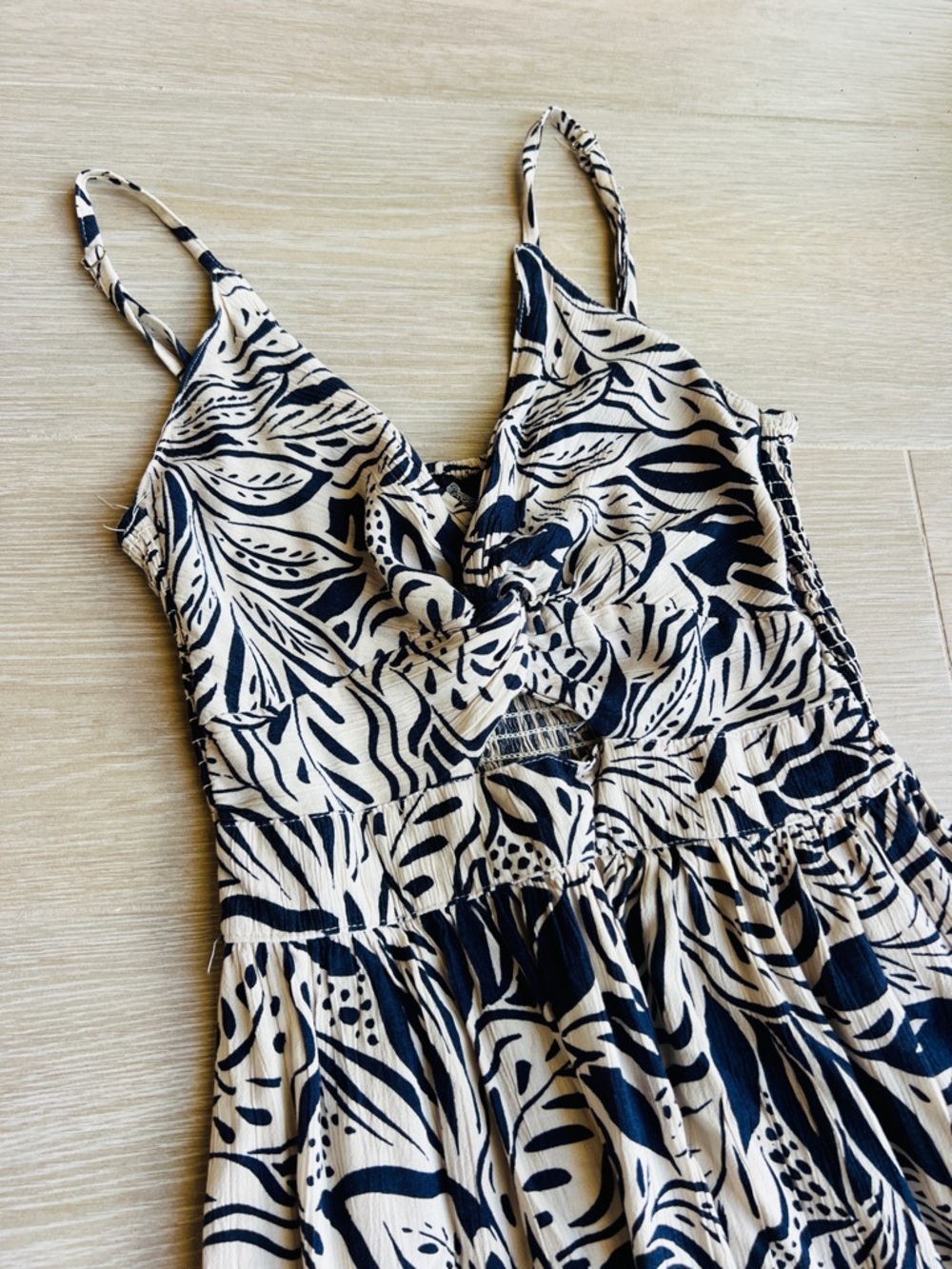 Cream & Navy Botanical Twist-Front Maxi Dress